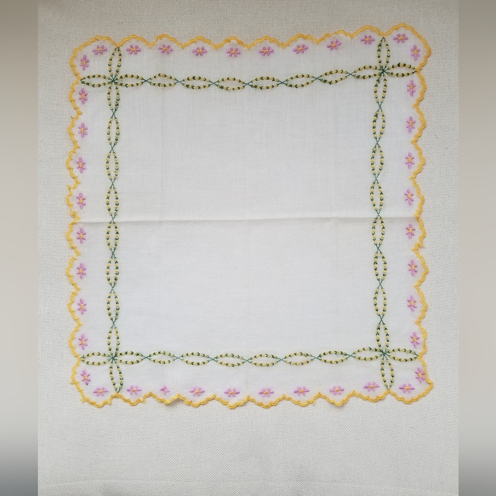 VTG Hand-Embroidered Pink, Green & Yellow Handkerchief - Picture 5 of 6